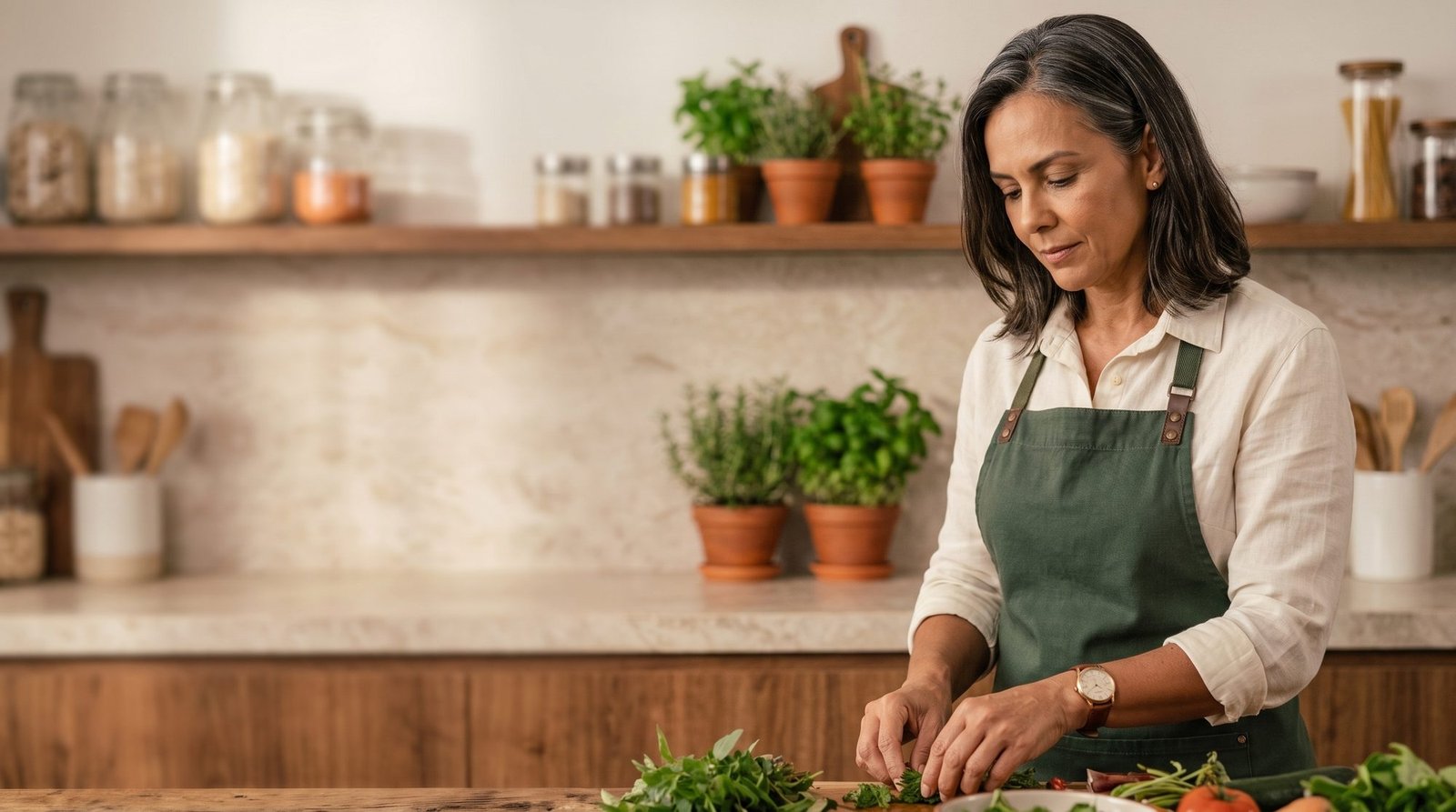 Helena Raízes na bancada da cozinha
